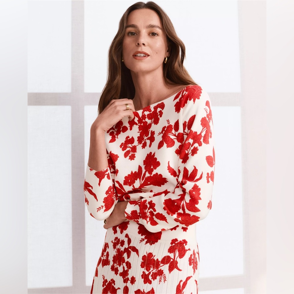 Floral Red and White Women's Top - Picture 3 of 5